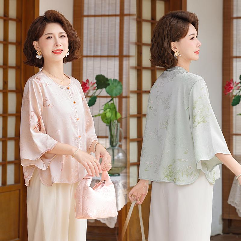 Chinese-Style Lightweight Chiffon Top for Middle-Aged Women (40-60) - Summer Shirt