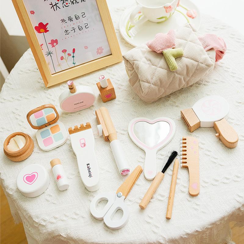 Children's Wooden Girl Pink Makeup Bag Simulation Dressing Hairdressing Makeup Play Suit Dress Up Toys
