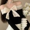 Coquette Off Shoulder Black T-shirts Women Korean Style Chic Bow Brown Long Sleeve Tees Sweet Sexy Patchwork Slim Tops