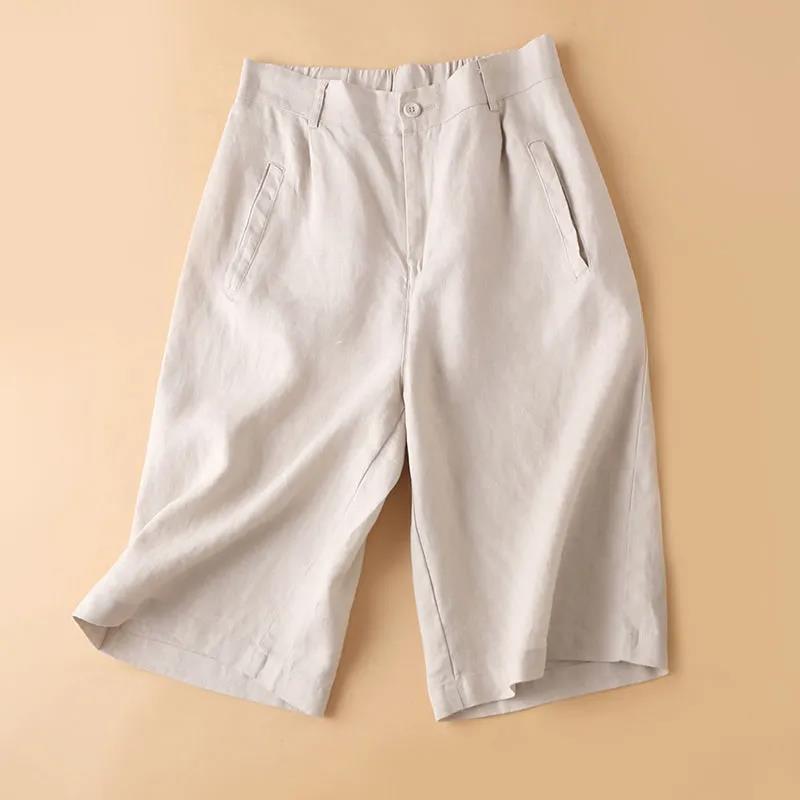 Women's Cotton Linen High Waist Wide-Leg Shorts - Summer Semi-Elastic Casual Five-Point Pants