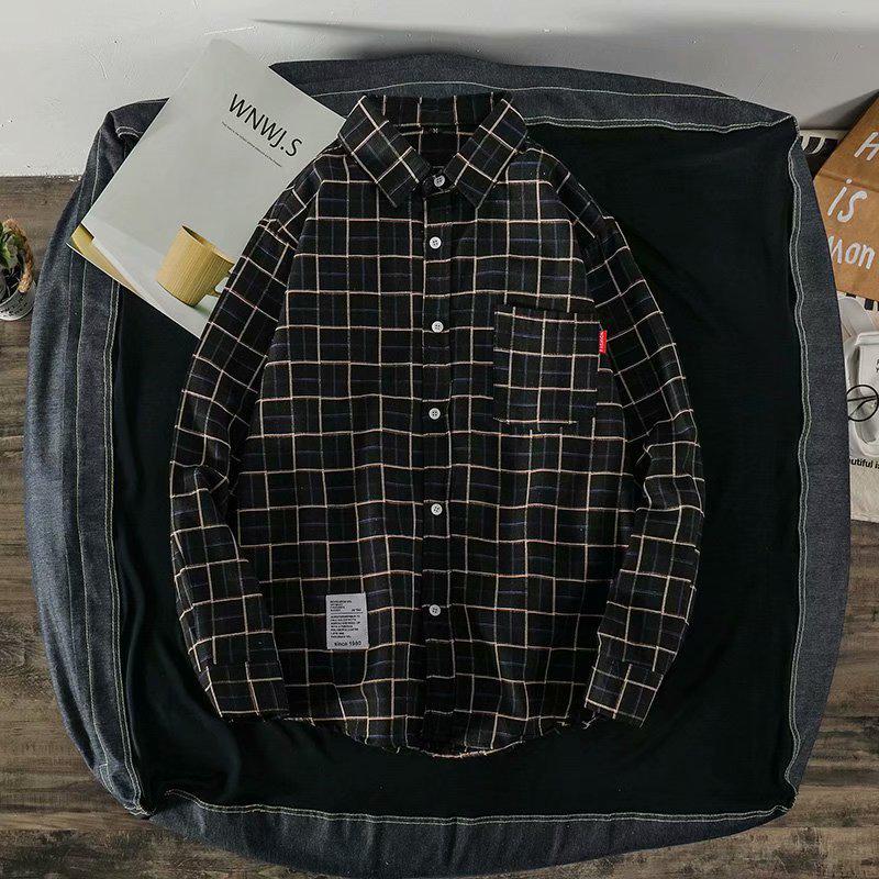 Pánská košile s dlouhým rukávem s kostkovaným vzorem - Korejský styl, Trendy, Volný střih na jaro a podzim