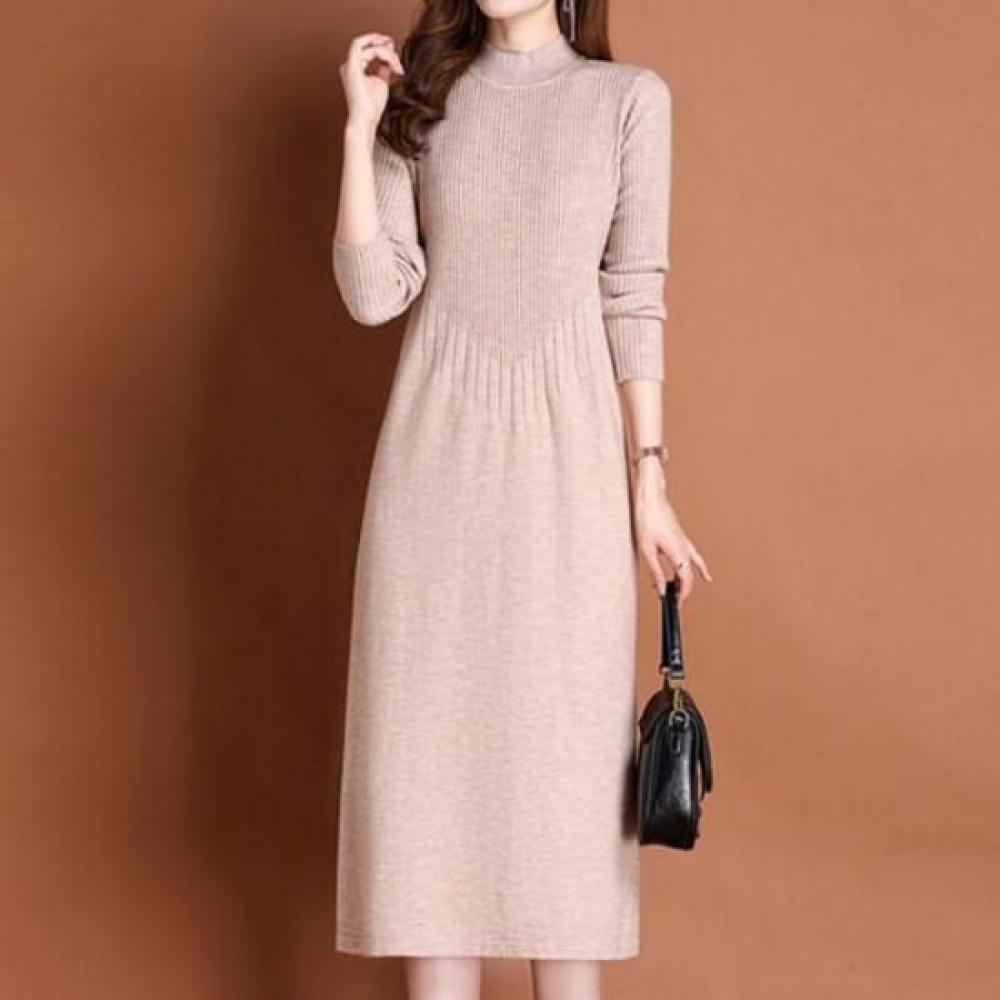Navava Women Simple Basic Ribbed Mock Neck Long Sleeve Knit Dress No957