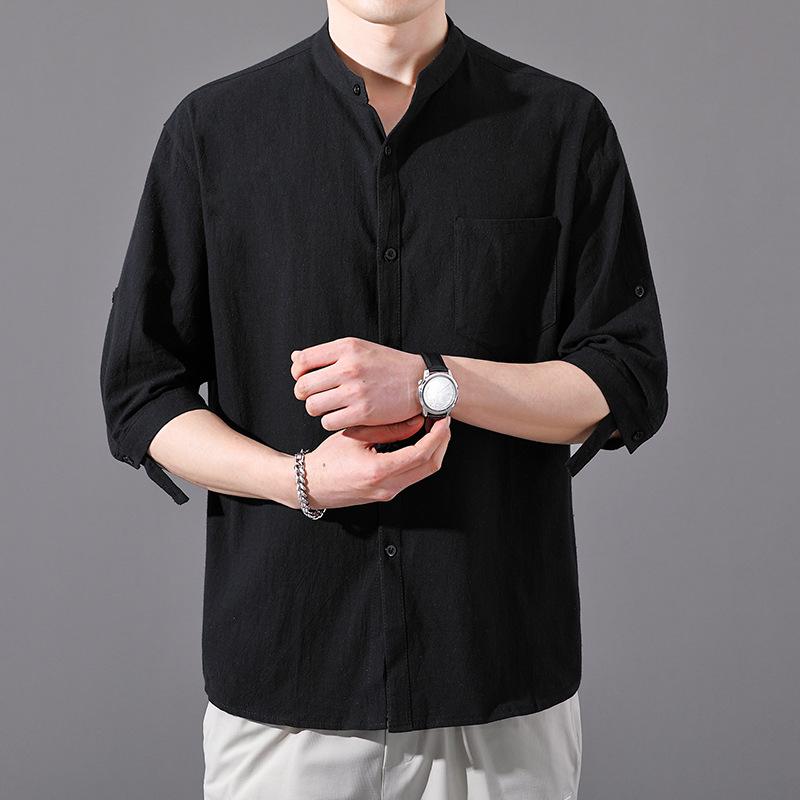 Men's Summer Plus-Size Linen Short-Sleeve Shirt: Cotton-Linen Blend, Loose Fit, 3/4-Sleeve, Lightweight Casual Top