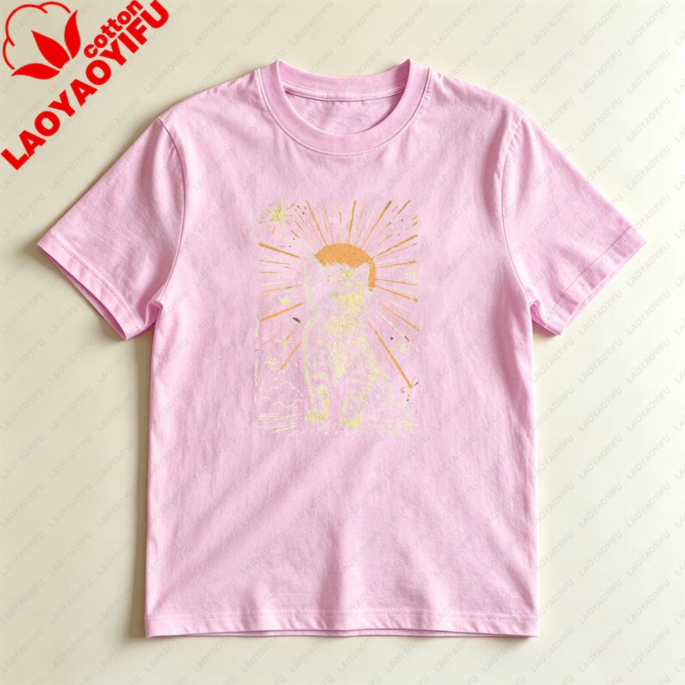 Vintage Celestial Cat Tarot Style Graphic TShirt Mystical Starry Kitten Casual Tee Unisex Summer Daily Life Fashion Cotton Tops