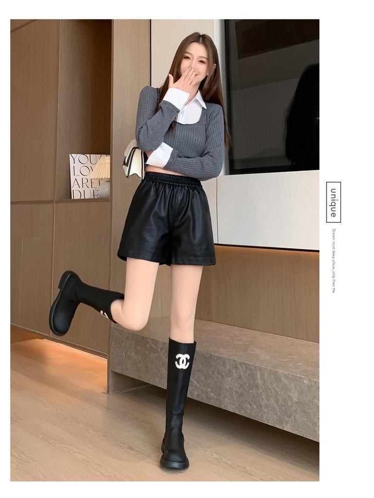 Women's PU Leather Wide-Leg A-line Shorts - Plus Size, Slimming, Five-Point, Spring & Autumn 2024