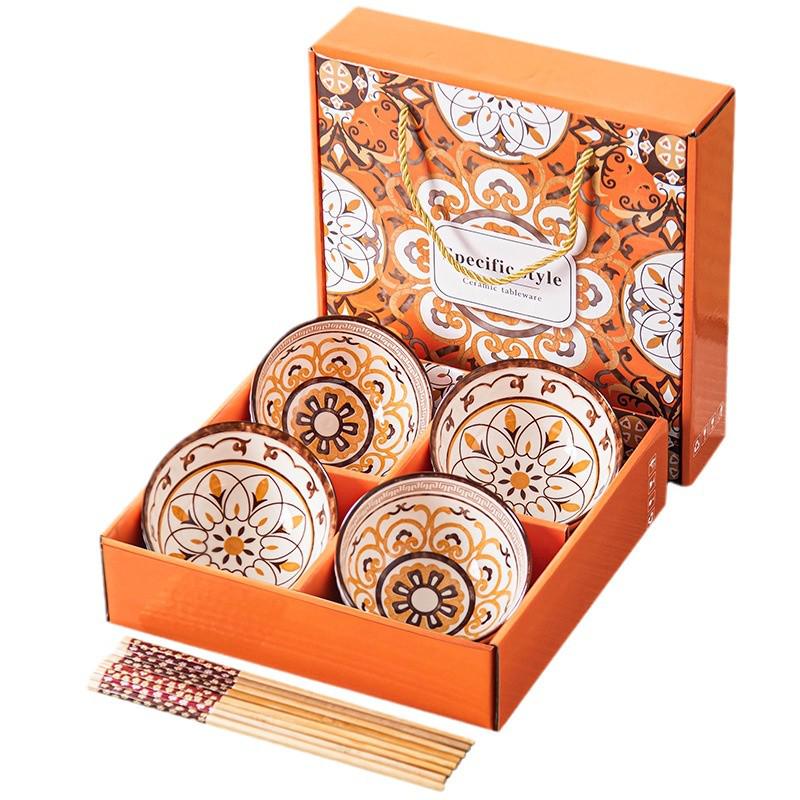 Retro Vintage Ceramic Dinnerware Set: Bowls, Plates, Dishes, Chopsticks in Gift Box - Sophisticated Small Souvenir.