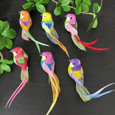 6pcs Colorful Simulation Birds Photography Props Long-haired Sparrow Decorative Fake Bird with Clip Home Decor