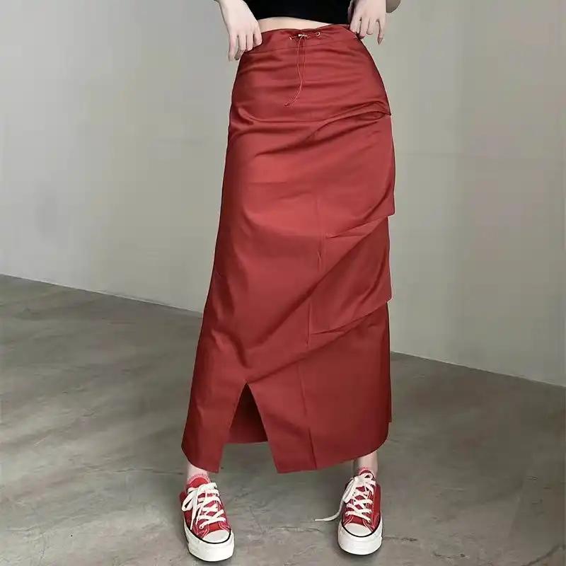 

Women s High Waist Drawstring Side Split Straight Maxi Skirt S красный