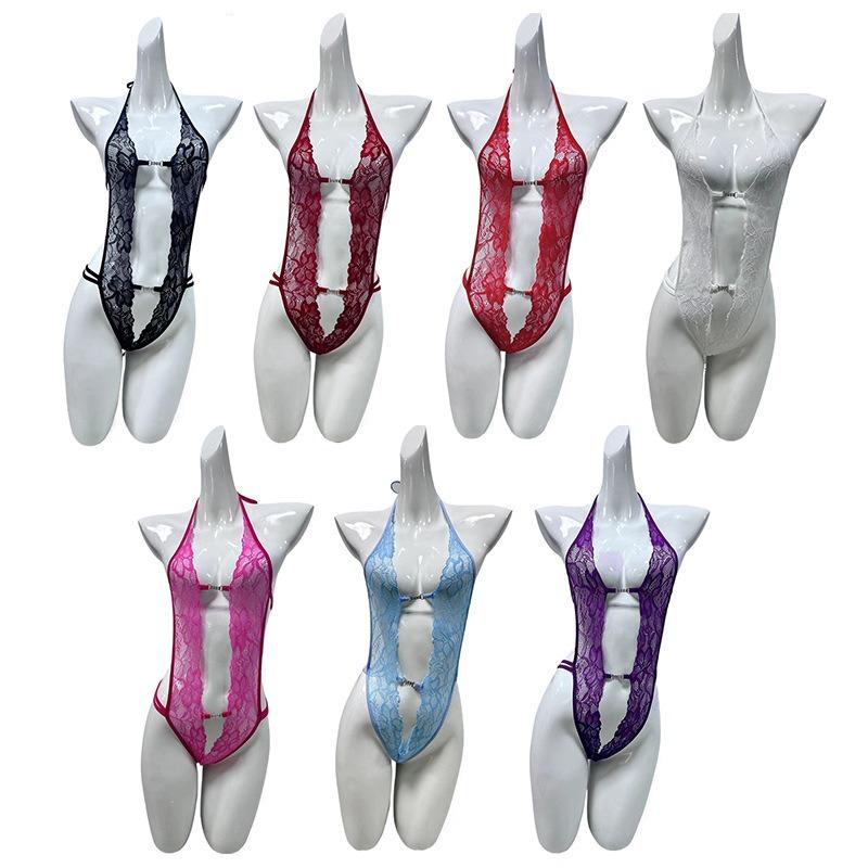 Sexy Female Perspective Lace One-piece Erotic Underwear Front Open Chest Temptation Neck Sm Uniform Pure Desire
