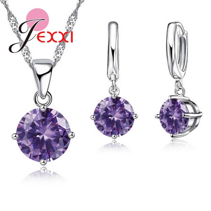 Hot Sale 8 Colors Shining Crystals 925 Sterling Silver Necklace Earrings Jewelry Sets Fashion Accessories Women Wedding