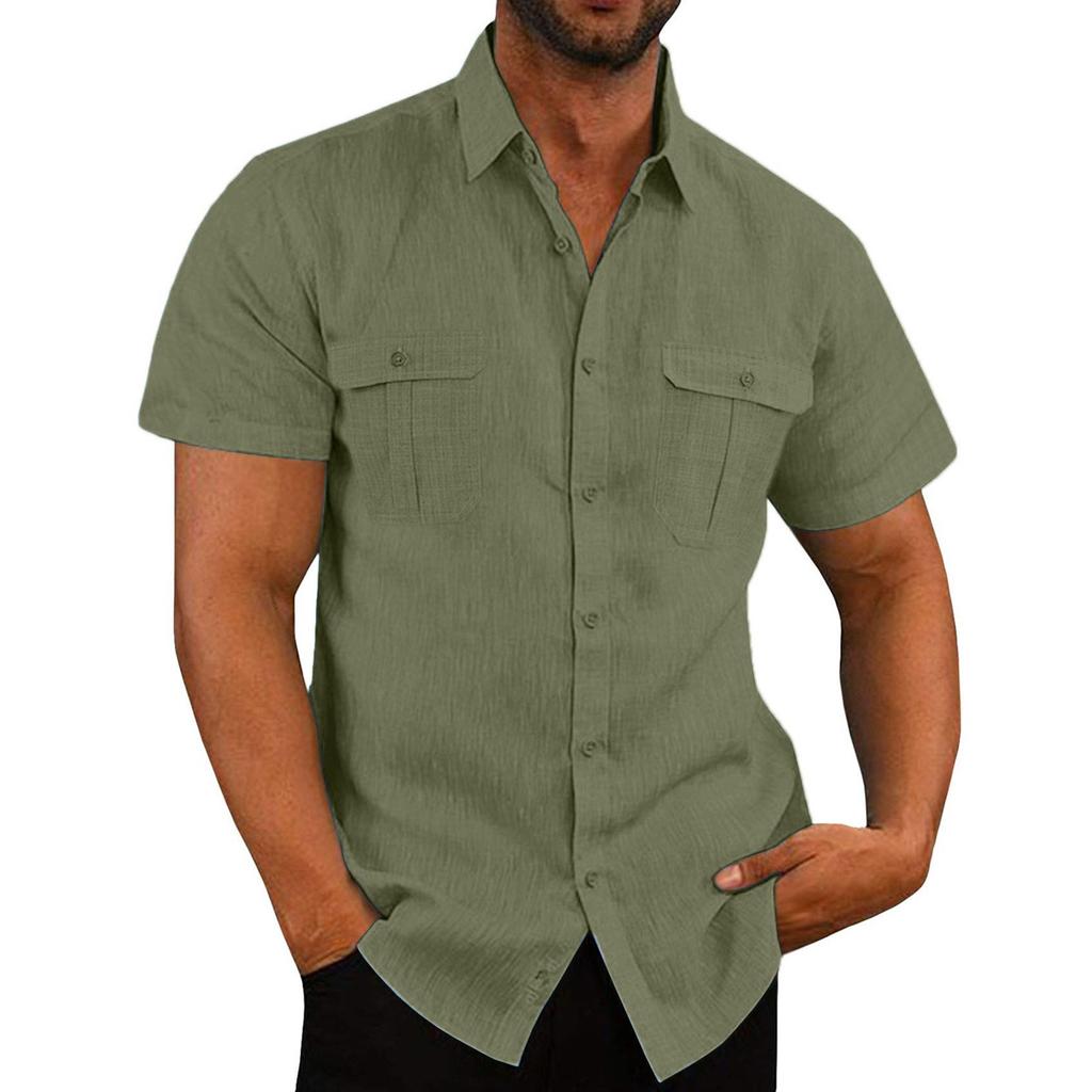 Men's Linen Short Sleeved Casual Shirt Collarless Standing Collar Summer Top