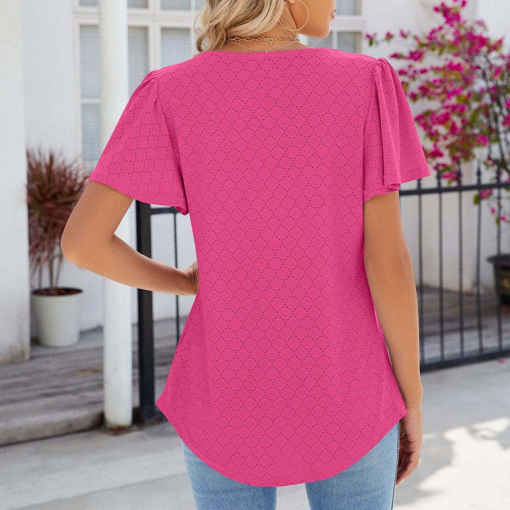 Women's Fashion Solid Color Square Neck Pleated Short Sleeved Loose T-shirt Top