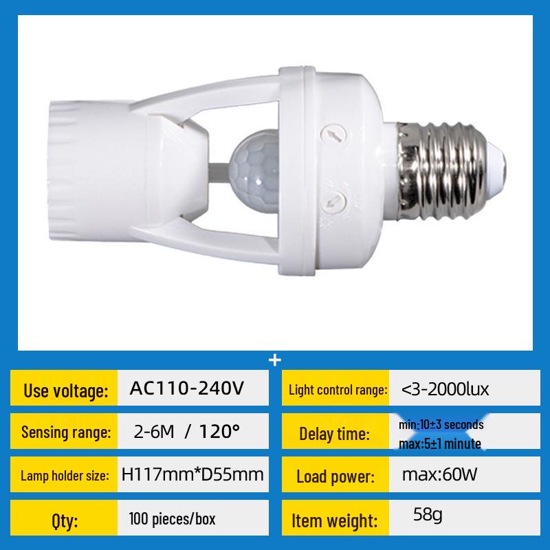 Infrared Motion Sensor E27 Lamp Holder with Sound and Light Control for 86 Type Corridors, Intelligent Delay, Surface Mount