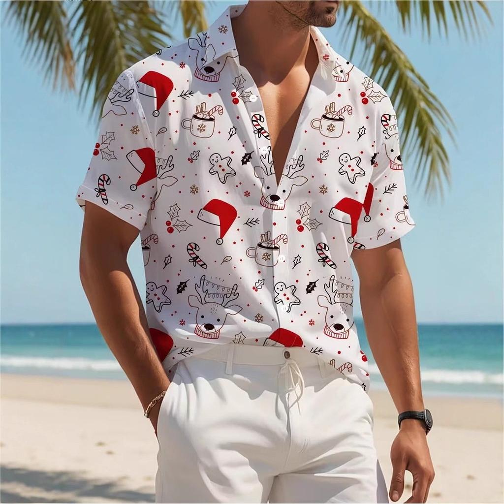 Autumn and Winter Men's Short Sleeved Shirt New Year's Christmas Pattern Digital Printed Shirt Top Men's Casual Shirt