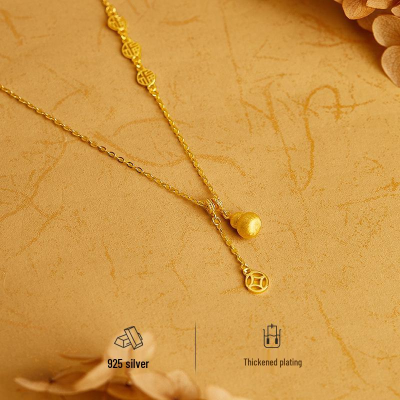 Sterling Silver Fu Character Copper Coin Gourd Pendant Necklace – Women's Wealth-Attracting Clavicle Chain