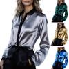 Women Shirt Lapel Long Sleeve Satin Texture Breathable Shirt Patchwork Color Loose Fit Office Casual Tops