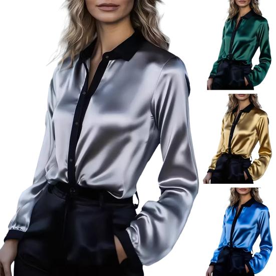 Women Shirt Lapel Long Sleeve Satin Texture Breathable Shirt Patchwork Color Loose Fit Office Casual Tops