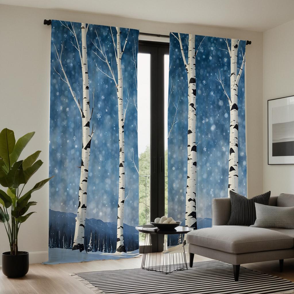 2pcs Set HD Large Natural Poplar Decorative Curtain Blue Tie Digital Printed Curtain Home Decoration Style Decoration Living