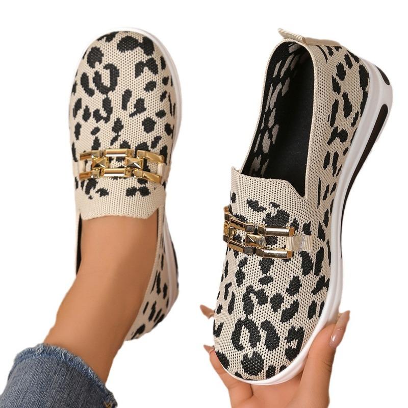 Nové kovové řetízkové klínkové podpatky silná podrážka jeden pedál prodyšné leopardí síťované nadměrné velikosti ležérní dámské boty