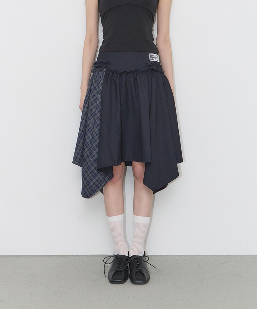 Iligo Check Color Block Midi Skirt Navy