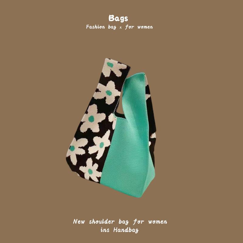 Ins Trendy Handbag Women'S Knitted Wool Bucket Bag Hand Carry Casual Tote Bag Box Lunch Bag