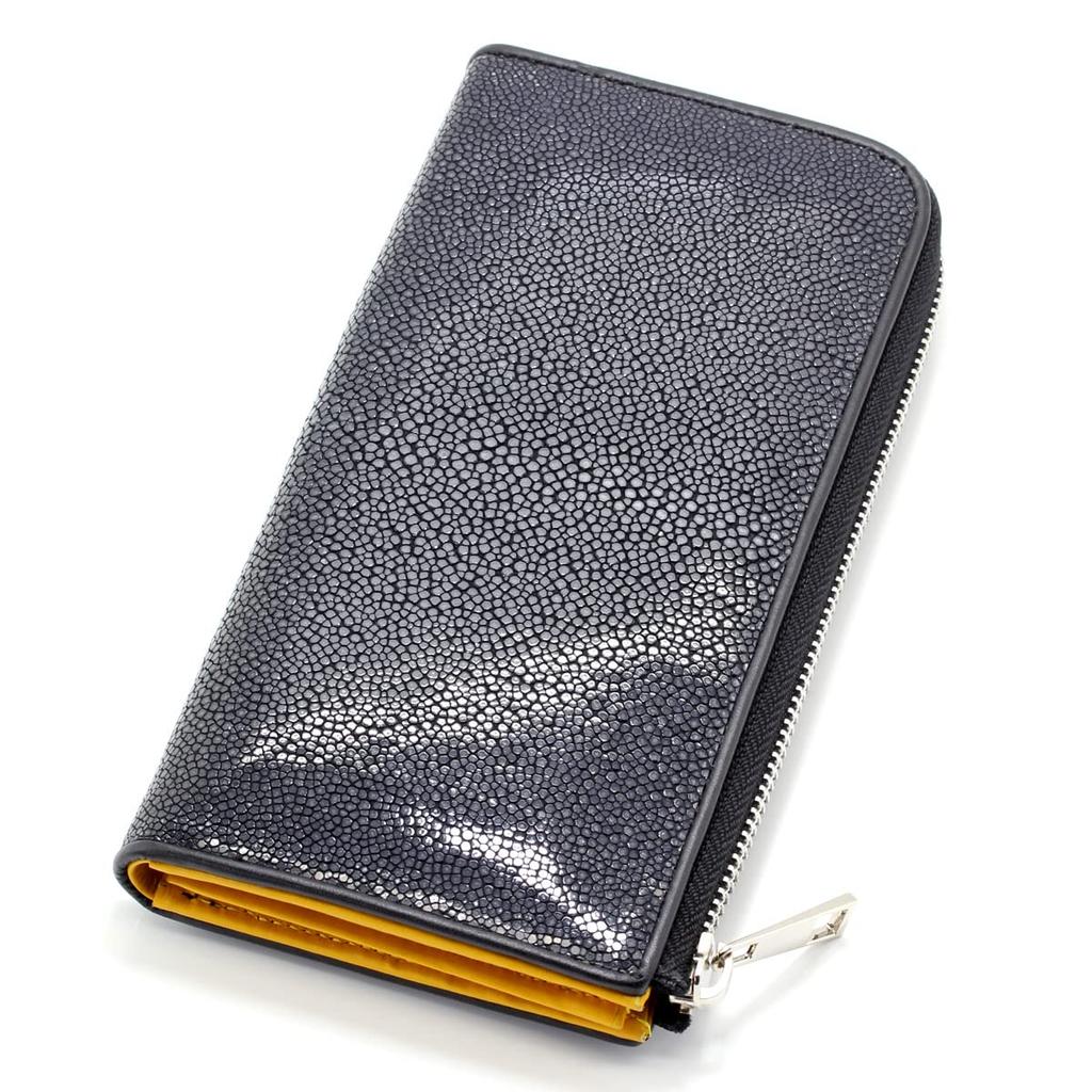 Levetta Stingray Leather Long Wallet with Mustard Yellow YKK Galuchat and Stingray for Men and Genuine Leather Interior, L-Zip, Leather, Black, Women,