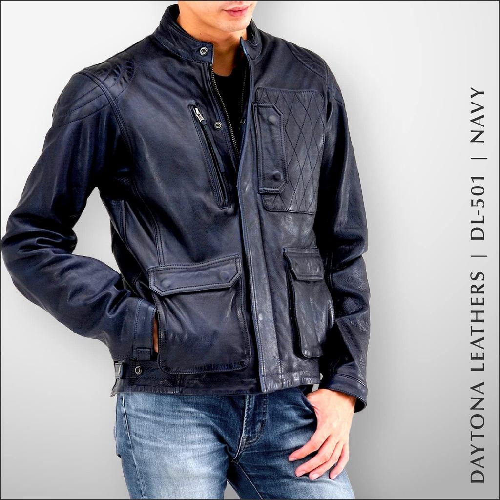 Daytona Motorcycle Leather Genuine Leather Scrambler XL 23692 (Daytona) Jacket, (Waxed), Spring/Autumn Rider's Jacket, DL-501, Navy, (Men's),