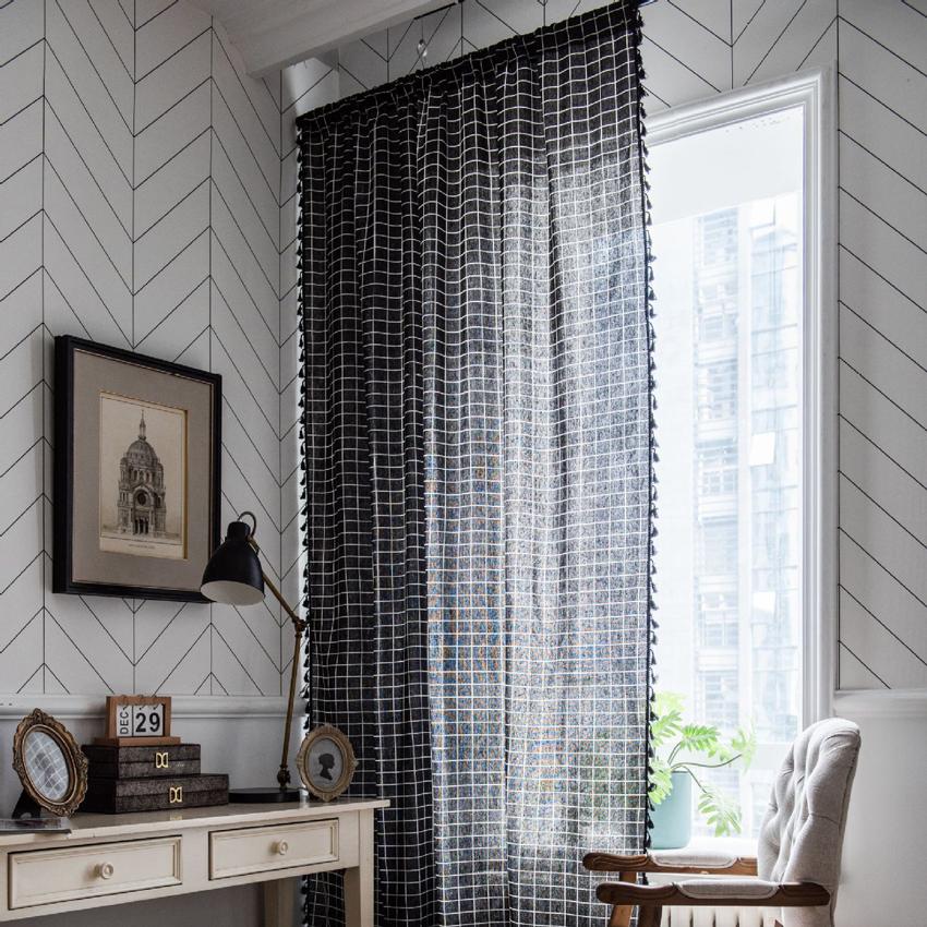 Black Plaid Blackout Curtain High Quality Simple Modern Homg Living Room Cotton Linen Bay Window Cover with Tassel Hooks