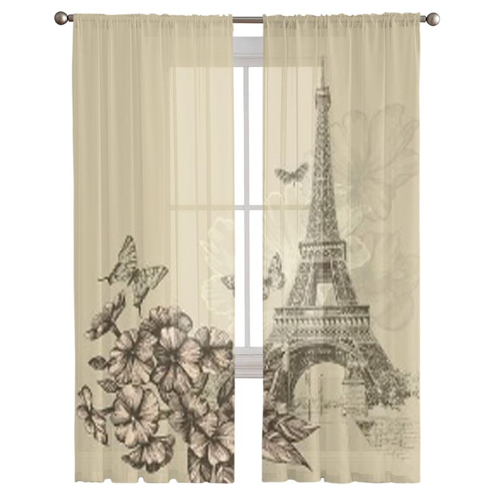 Vintage Eiffelturm und blühende Phlox Transparente Vorhänge für Wohnzimmer Tüll Fenstervorhang Schlafzimmer Küche Schleier Drapierungen
