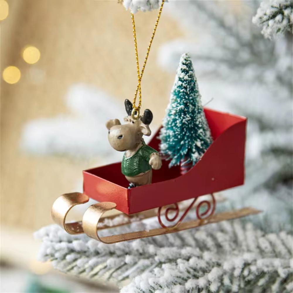 Iron Art Sleigh Hanging Ornamen Nordic Christmas Figurine Decorations Xmas Tree Sled Pendant  Gifts