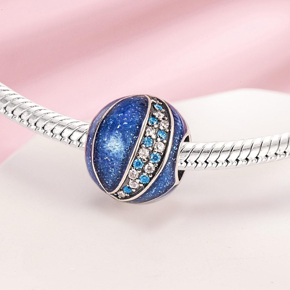S925 Silver Blue Sparkle Basketball Beads DIY Bracelet Necklace Craft Kit Loose Beads Accessories