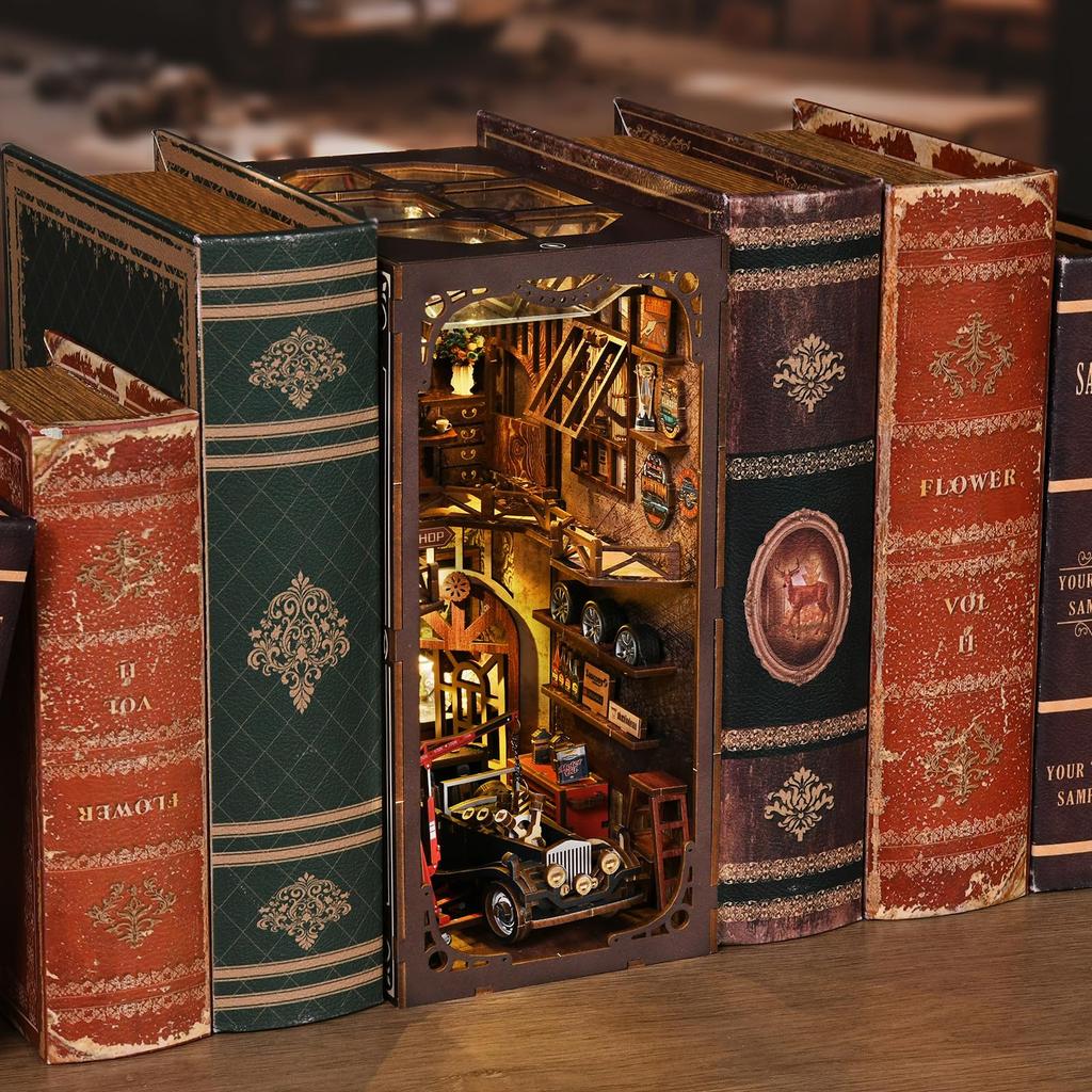 Tecnock3D 3D Book Nook DIY Miniature Wooden Assembly Kit with LED Exquisite Interior Gift for Adults and Hobbies Car Repair Kit, Diorama, House,