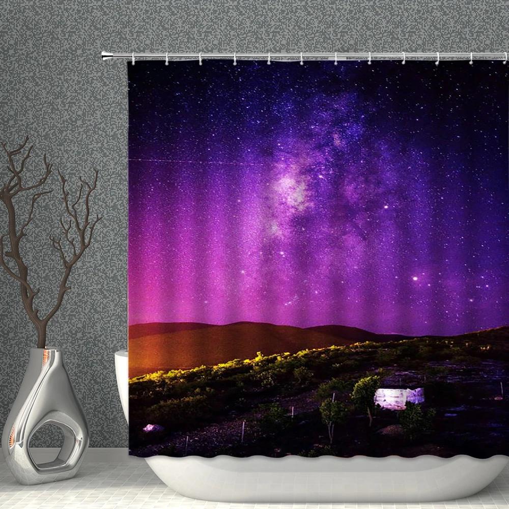 Galaxy Night Starry Sky Shower Curtains Waterproof Cloth PurpleBlue  Universe Elk Bath Screen Curtain For Bathroom Bathtub Decor