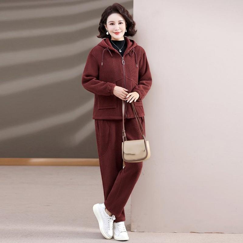 

Повседневный спортивный костюм женский с капюшоном плюс бархат женская вельветовая куртка осень и зима западный стиль костюм-двойка XXL темно-красного