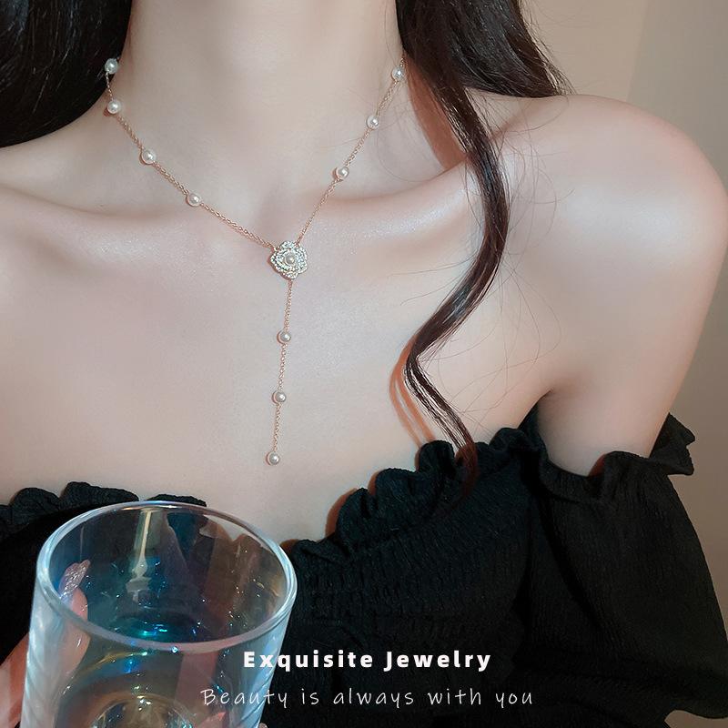Sweet Internet celebrity pearl zircon flower necklace elegant long temperament sweater collarbone chain necklace