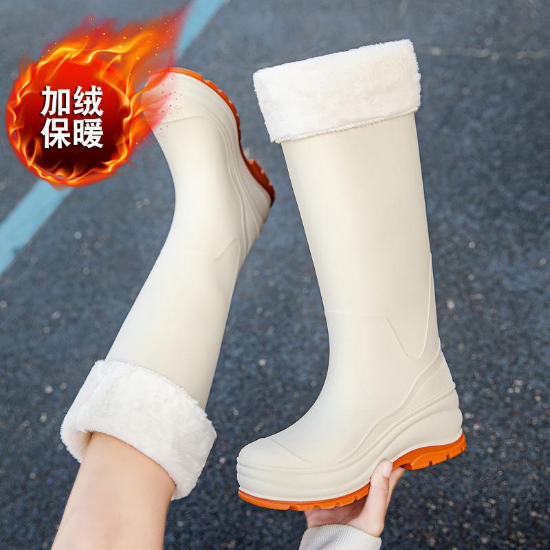New non-slip water shoes fashionable women's tall rain shoes comfortable medium tube velvet rain boots outdoor adult rubber shoes fashionable