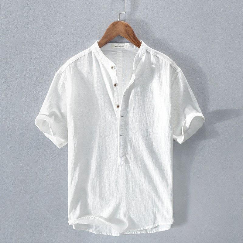 2025 Summer Men's Linen Henley Collar Lightweight Breathable Short-Sleeved Shirt