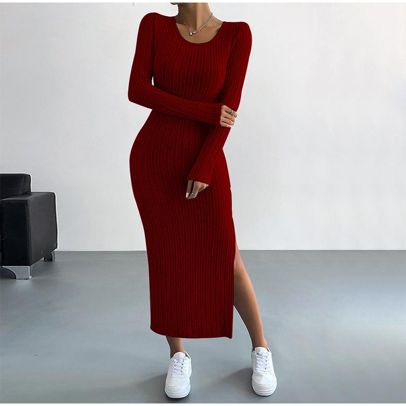 New Women Spring Autumn Casual Dress Solid Color Knitted Dress Sexy Slim Elegant Retro Dresses Long Sleeve Round Neck Side Slit Dress