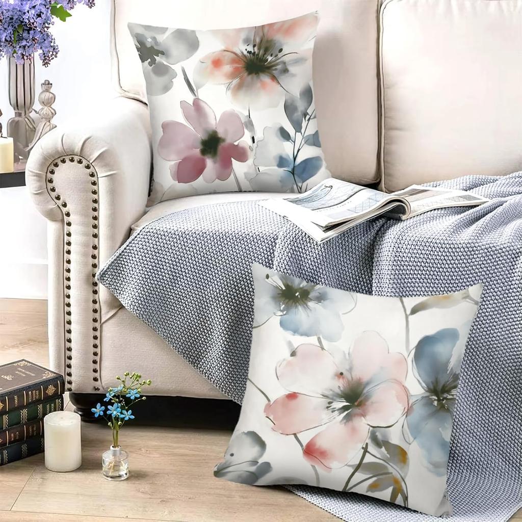 4Pcs Watercolor Floral Bloom Printed Pillow Cover Polyester Cushion Case 2D Flat Printing Pillowcase Romantic Gift Ready Now