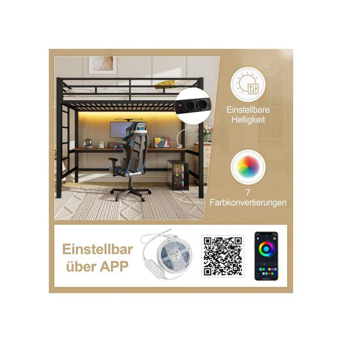 Világítós galériaágy - MUVOE - 90x200 cm - Fekete fém - Korlát - Tanulóasztal