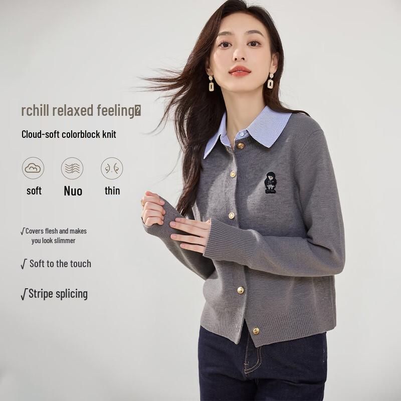 

HSTYLE Women s Academic Style Lapel Color Block Knitted Sweater One Size