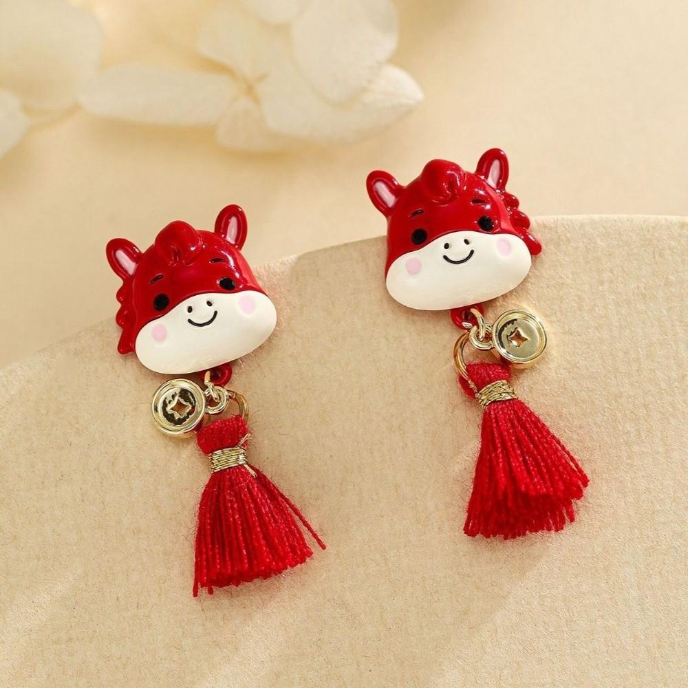 Flocking New Year Horse Earrings Cartoon Horse Horse Mascot Drop Earrings Red Pony Earrings  Girls