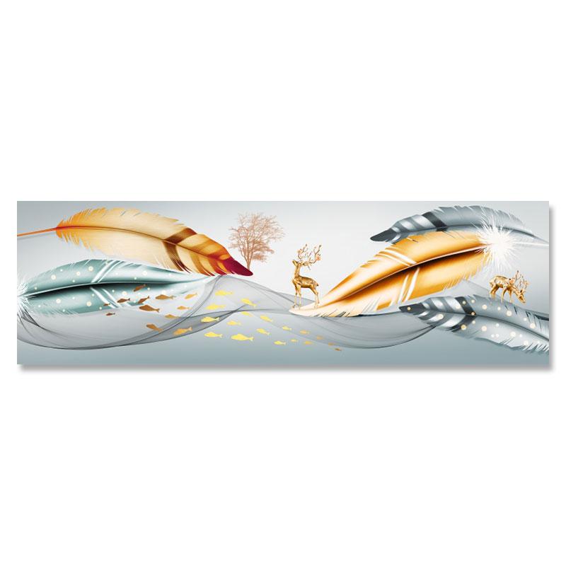 

Новые китайские абстрактные золотые перья, холст, картина, золотой олень, линия дерева, ленты, постеры и принты, настенное искусство, декор для гостиной 20x60cm No Framed