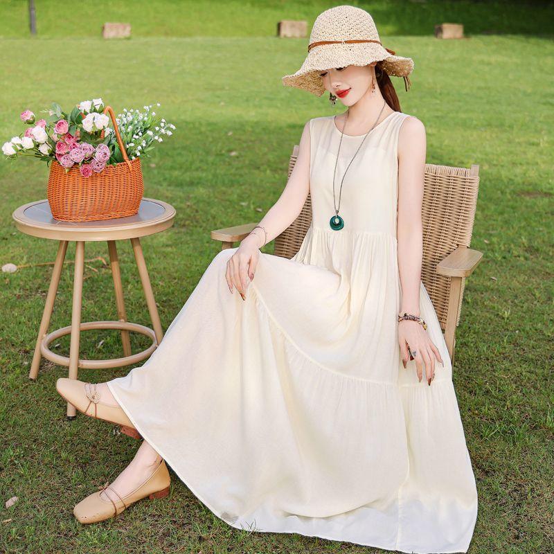 

Летнее струящееся хлопковое платье без рукавов для молодых женщин, длинное пляжное платье, сарафан для отпуска 5XL бежевый