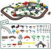 JONRRYIN Elektrische Eisenbahn: 259 Teile Dino Zug Set mit Zug, Straßenfahrzeugen, Rennstrecke. Geeignet für Kinder von 2-7 Jahren