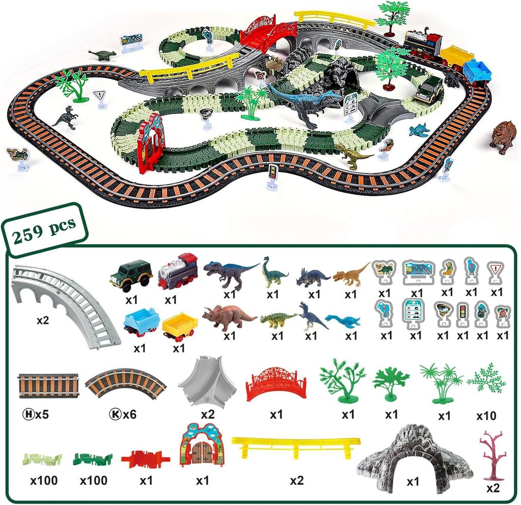 JONRRYIN Elektrische Eisenbahn: 259 Teile Dino Zug Set mit Zug, Straßenfahrzeugen, Rennstrecke. Geeignet für Kinder von 2-7 Jahren
