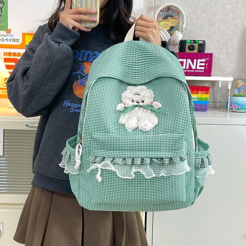 Schoolbag Small Fresh Lace Edge Backpack Female Elementary School Student Cartoon Plaid Versatile School Bag Junior High School Student Cute Girl Back