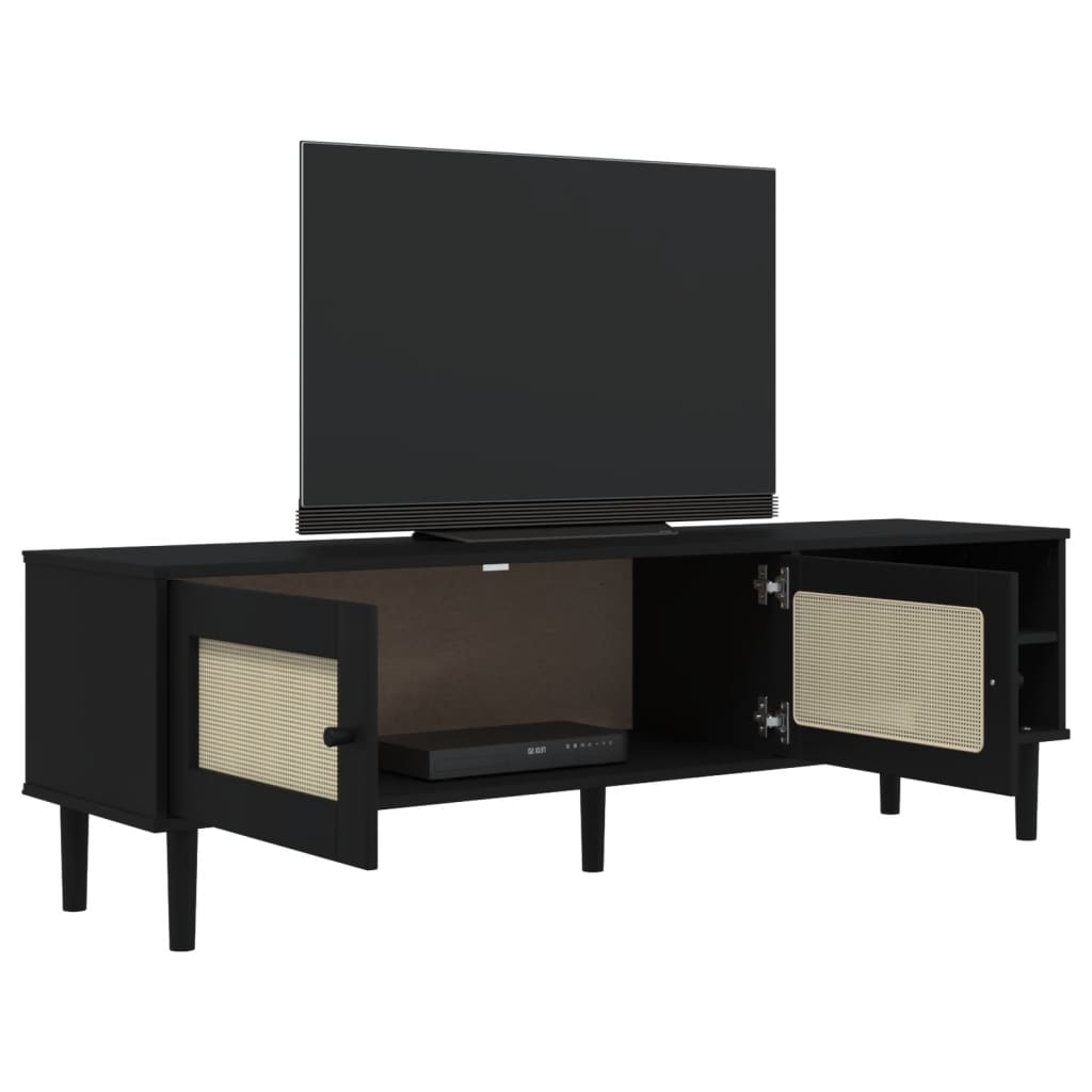 TV Stand SENJA Rattan Look Black 158x40x49cm Pine Wood