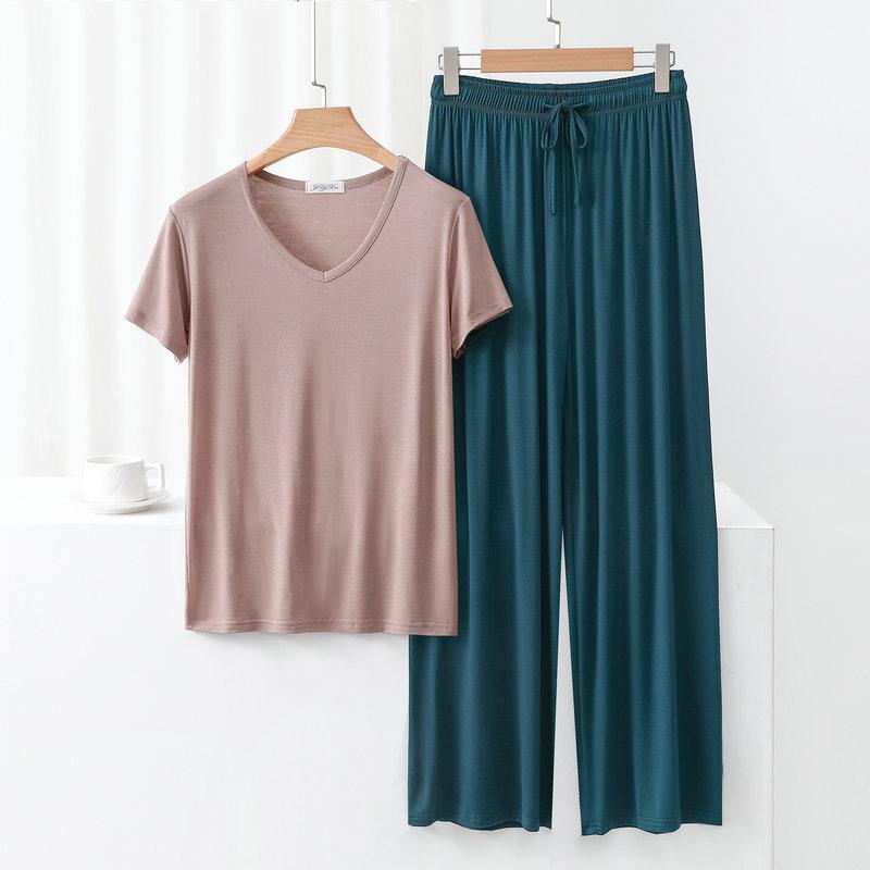 Modal Homewear 2pcs Pajamas Set Short Sleeve Tops and Trousers Solid Color Casual Loose Sleepwear Suit Plus Size Nightwear