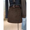 Korean Style Brown Deerskin Half Skirt - Plus Size Retro Suede Plush Hip-Hugging Short Skirt for Women